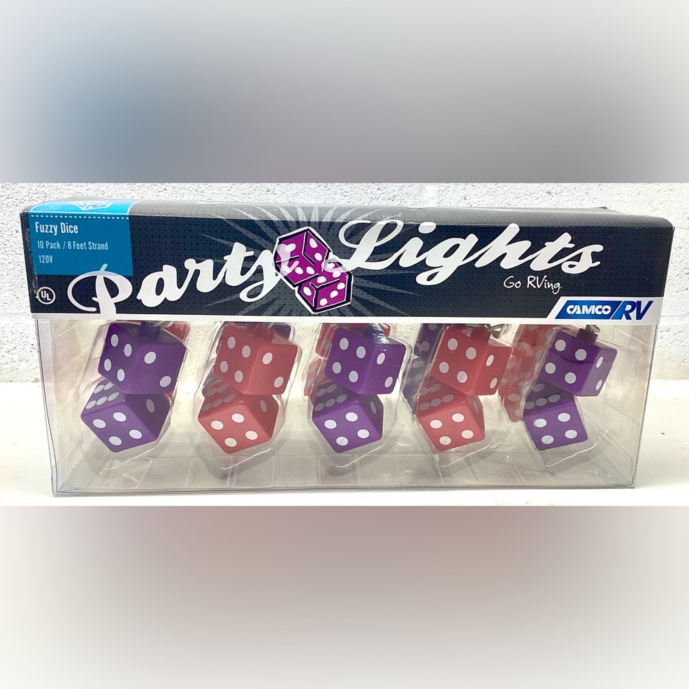 Camco, RV, party string lights, camping patio, blow, mold, fuzzy dice